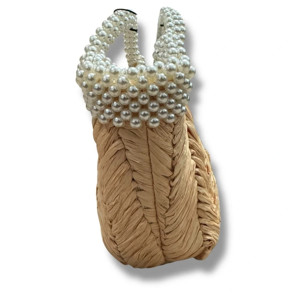 Zara Pearl Straw Rattan Handbag Crossbody Convertible Bag with Gold Chain - Picture 4 of 7